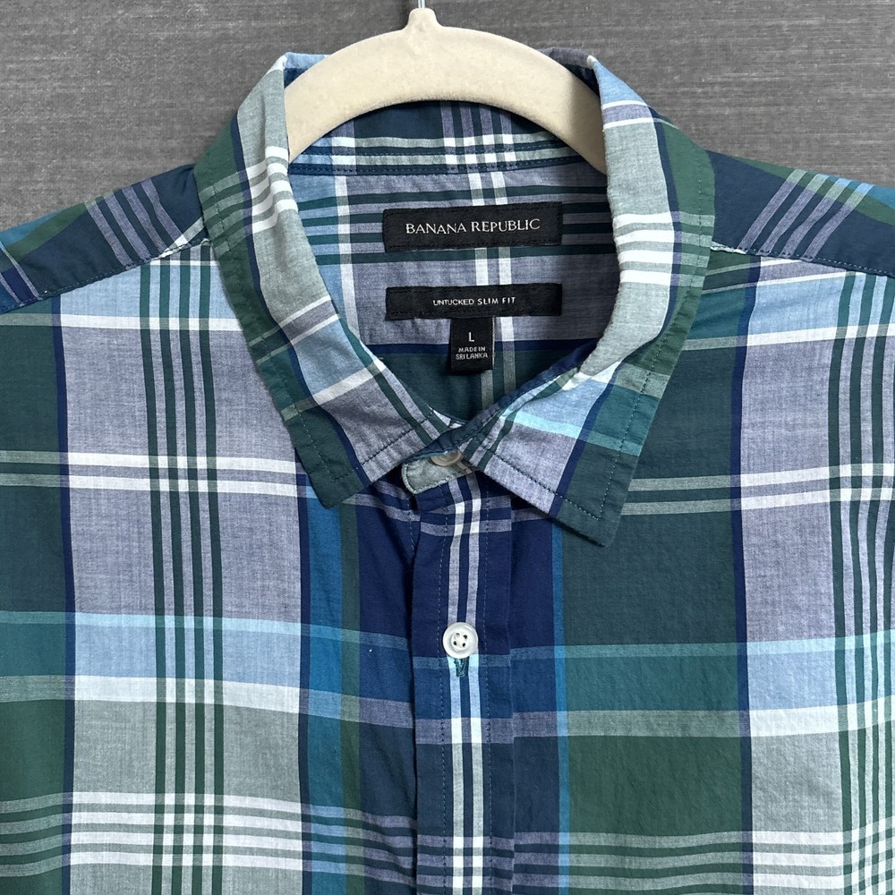 Banana Republic Shirt L Slim Fit Blue‎ Green Plaid Untucked Cotton Casual Preppy